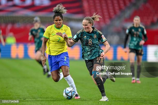 Maria Eduarda Silva of Brazil and Sydney Lohmann of Germany battle for the ball during the Women's international friendly between Germany and Brazil...