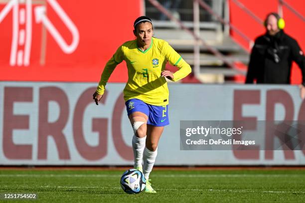 Antonia of Brazil controls the Ball during the Women's international friendly between Germany and Brazil at Max-Morlock-Stadion on April 11, 2023 in...