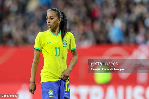 Adriana of Brazil looks on during the Women's international friendly between Germany and Brazil at Max-Morlock-Stadion on April 11, 2023 in...