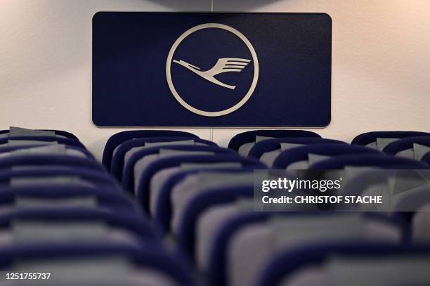 The company logo of the German airline Lufthansa is seen in the cabin of the Airbus A380-800 after its arrival at the Franz-Josef-Strauss airport in...