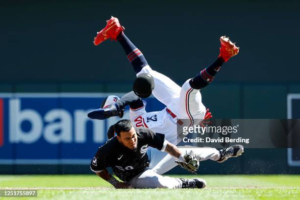 Byron Buxton of the Minnesota Twins collides with Lenyn Sosa of the Chicago White Sox in the seventh inning of the game at Target Field on April 12,...