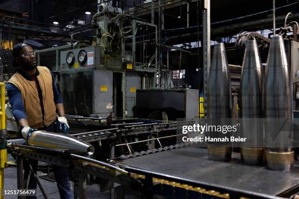 155mm artillery shells are inspected in the production shop at the Scranton Army Ammunition Plant on April 12, 2023 in Scranton, Pennsylvania. The...