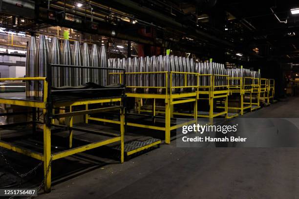 155mm artillery shells sit in the production shop at the Scranton Army Ammunition Plant on April 12, 2023 in Scranton, Pennsylvania. The U.S. Army is...