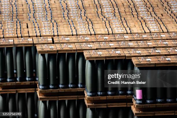 155mm artillery shells that are ready to be shipped are stored at the Scranton Army Ammunition Plant on April 12, 2023 in Scranton, Pennsylvania. The...