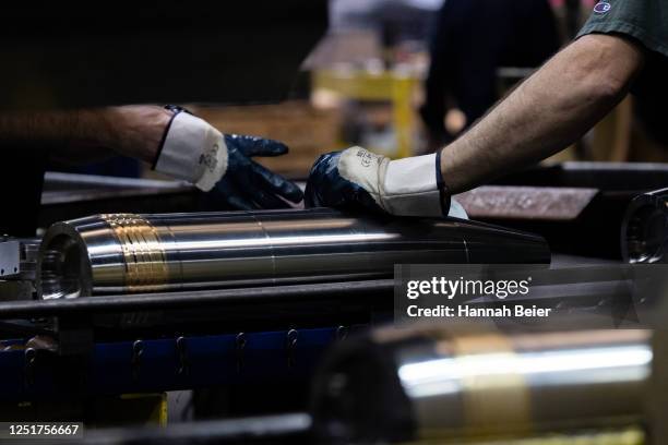 155mm artillery shells are inspected in the production shop at the Scranton Army Ammunition Plant on April 12, 2023 in Scranton, Pennsylvania. The...