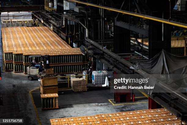 155mm artillery shells that are ready to be shipped are stored at the Scranton Army Ammunition Plant on April 12, 2023 in Scranton, Pennsylvania. The...