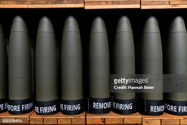 155mm artillery shells that are ready to be shipped are stored at the Scranton Army Ammunition Plant on April 12, 2023 in Scranton, Pennsylvania. The...