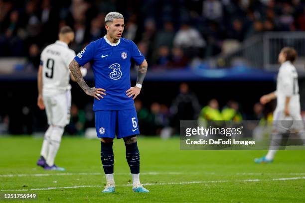 Enzo Fernandez of Chelsea FC looks on during the UEFA Champions League quarterfinal first leg match between Real Madrid and Chelsea FC at Estadio...