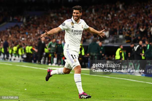 Marco Asensio of Real Madrid celebrates scoring a goal to make the score 2-0 during the UEFA Champions League Quarterfinal first leg match between...
