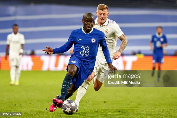 NGolo Kante of Chelsea FC in action during the UEFA Champions League quarterfinal first leg match between Real Madrid and Chelsea FC at Estadio...