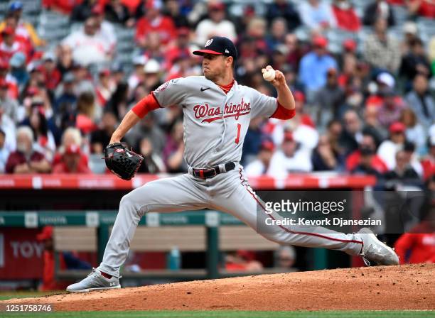 Starting pitcher MacKenzie Gore of the Washington Nationals throws against the Los Angeles Angels during the fourth inning at Angel Stadium of...