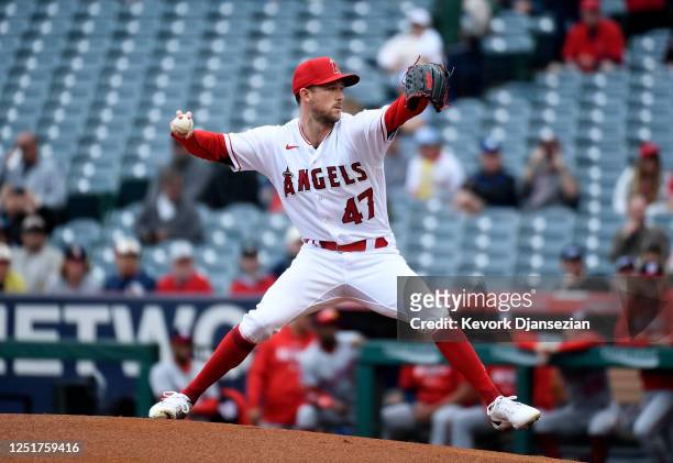 Starting pitcher Griffin Canning of the Los Angeles Angels throws against the Washington Nationals during the first inning at Angel Stadium of...