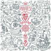 Pirates doodle set. Symbols of piracy - hat, swords, guns, treasure chest, ship, black flag, jolly roger emblem, skull and crossbones, compass.