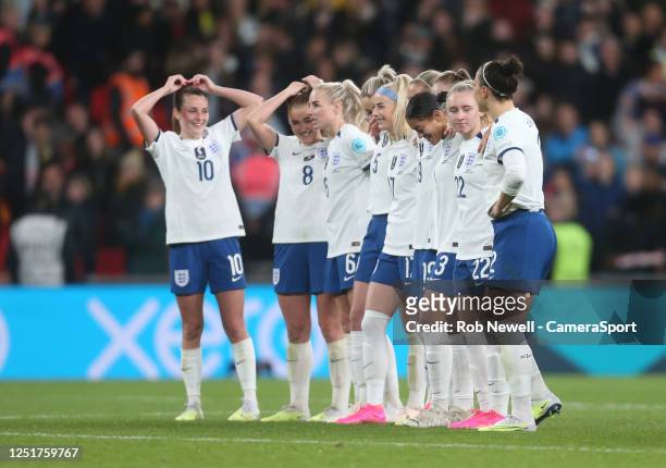 England players line up for the penalty shoot-out during the England Women's International Finalissima 2023 match between England and Brazil at...