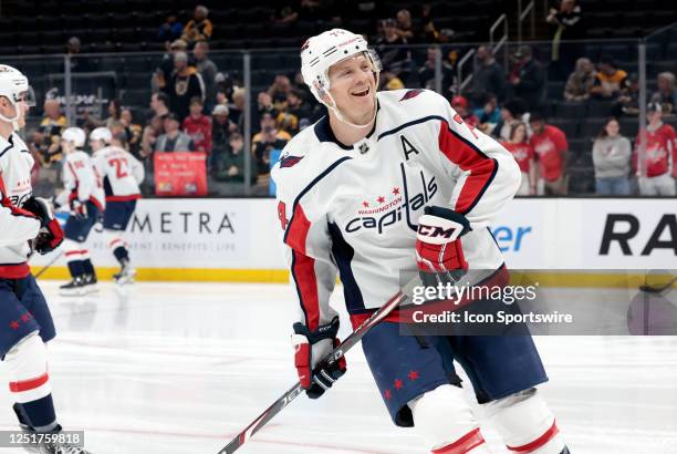 Washington Capitals defenseman John Carlson has a laugh in warm up before a game between the Boston Bruins and the Washington Capitals on April 11 at...