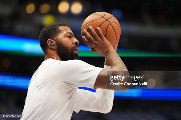 Marcus Morris Sr. #8 of the LA Clippers shoots the ball during pregame workouts on March 22, 2023 at the American Airlines Center in Dallas, Texas....