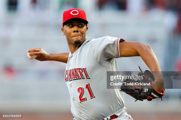 Hunter Greene of the Cincinnati Reds pitches during the first inning against the Atlanta Braves at Truist Park on April 12, 2023 in Atlanta, Georgia.