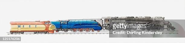 illustrations, cliparts, dessins animés et icônes de illustration of 1934 m-10000 internal combustion engine (usa), 1938 4468 mallard, 1941 big boy steam locomotive (usa) - 1938