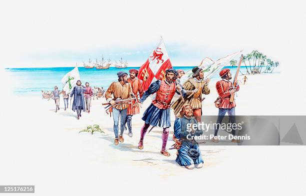 illustration of christopher columbus and sailors landing on west indies island shore - cristobal colon stock-grafiken, -clipart, -cartoons und -symbole