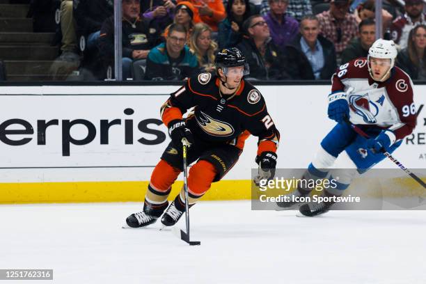 Anaheim Ducks center Isac Lundestrom skates with the puck during an NHL hockey game between the Colorado Avalanche and the Anaheim Ducks on April 9,...