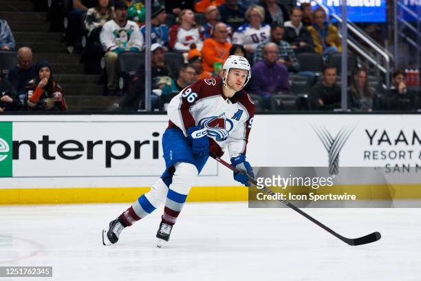 Colorado Avalanche right wing Mikko Rantanen skates during an NHL hockey game between the Colorado Avalanche and the Anaheim Ducks on April 9, 2023...