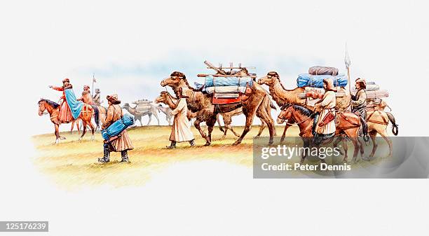illustration of camel caravan consisting of camels, horses and marco polo's merchants, 13th century - marco polo stock illustrations