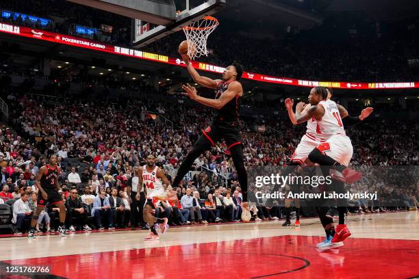 Scottie Barnes of the Toronto Raptors goes to the basket against the Chicago Bulls during the 2023 Play-In Tournament at the Scotiabank Arena on...