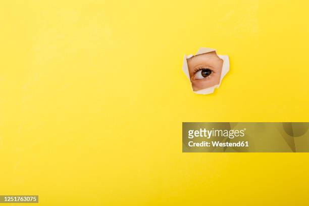 close-up of boy peeking through torn yellow paper - neugierde stock-fotos und bilder
