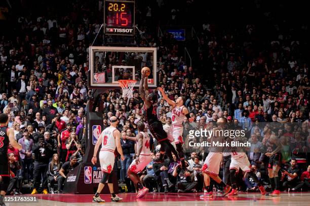 Pascal Siakam of the Toronto Raptors dunks the ball against the Chicago Bulls during the 2023 Play-In Tournament on April 12, 2023 at the Scotiabank...