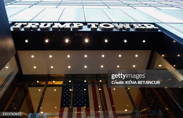 An exterior view of Trump Tower in New York on April 12, 2023 as former US President Donald Trump who is scheduled to return to New York City tonight...