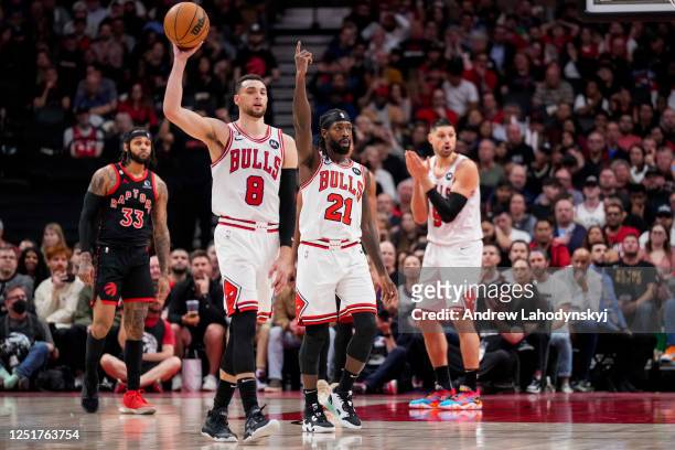 Zach LaVine and Patrick Beverley of the Chicago Bulls react against the Toronto Raptors during the 2023 Play-In Tournament at the Scotiabank Arena on...