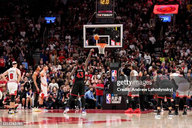 Pascal Siakam of the Toronto Raptors misses a free-throw against the Chicago Bulls during the 2023 Play-In Tournament at the Scotiabank Arena on...
