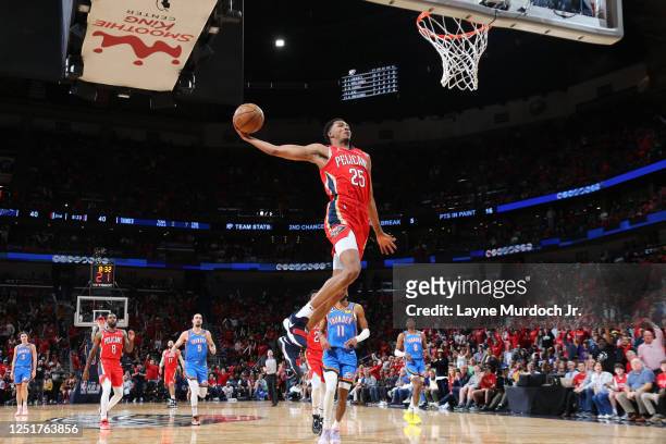 Trey Murphy III of the New Orleans Pelicans drives to the basket during the game against the Oklahoma City Thunder during the 2023 Play-In Tournament...