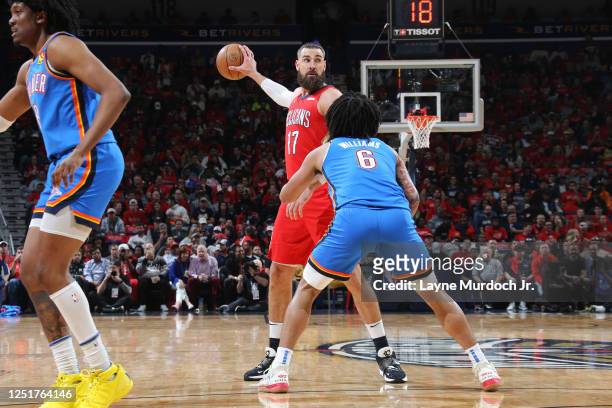 Jonas Valanciunas of the New Orleans Pelicans looks to pass the ball against the Oklahoma City Thunder during the 2023 Play-In Tournament on April...