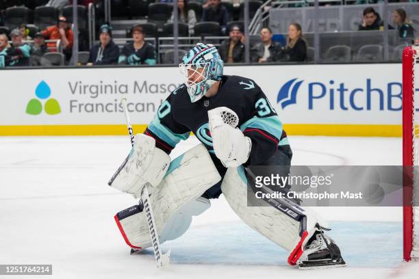 Martin Jones of the Seattle Kraken protects the net during the second period of a game against the Chicago Blackhawks at Climate Pledge Arena on...