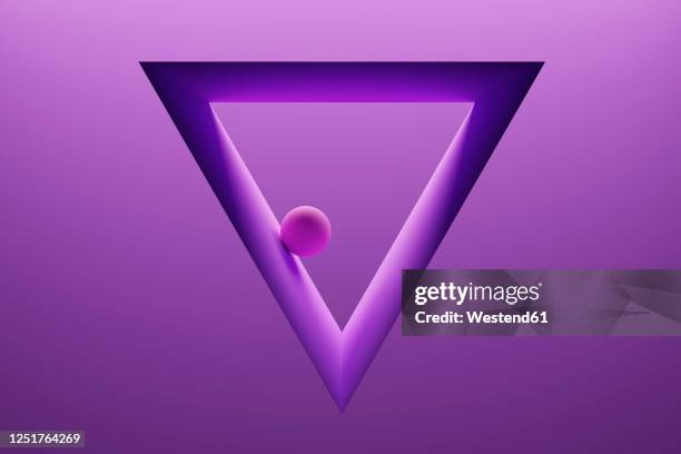 three dimensional render of small sphere inside triangle shaped frame - triangle 3d stock illustrations