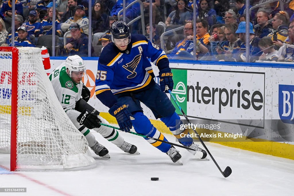 Louis Ryz Radek Faksa of the Dallas Stars pressures Colton Parayko of the St ...