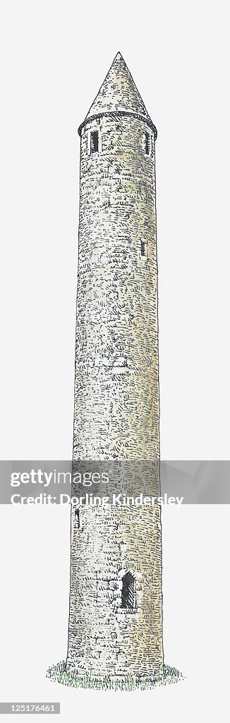 Illustration of a round tower, Glendalough, Ireland, 10th-11th century