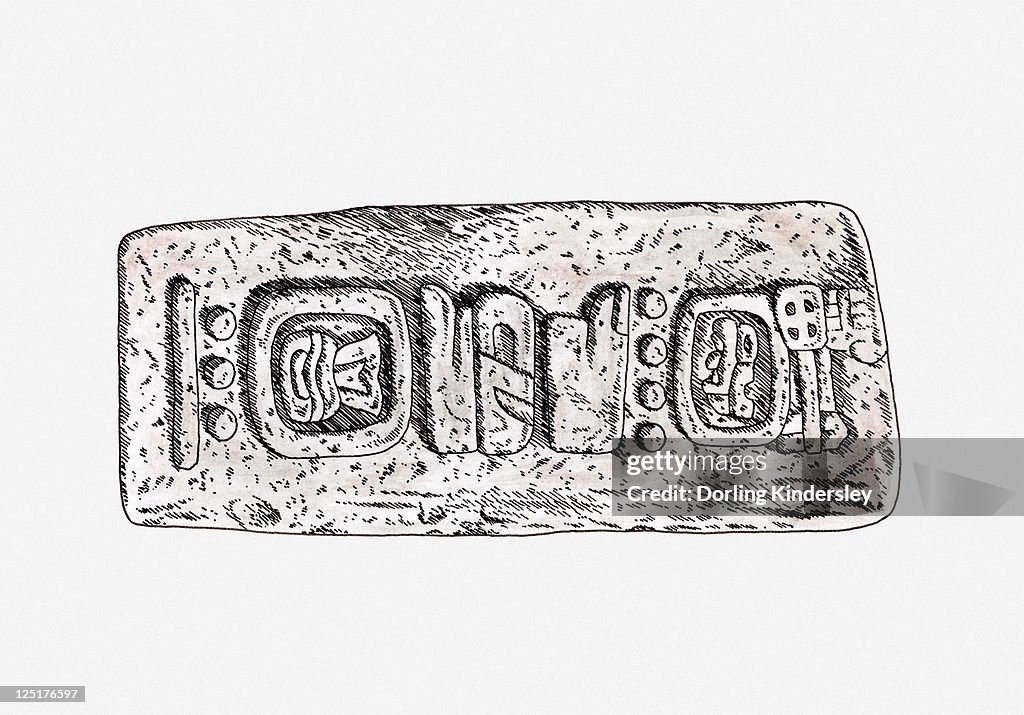 Illustration of fragmented monolith with Zapotec script, Monte Alban, Mexico