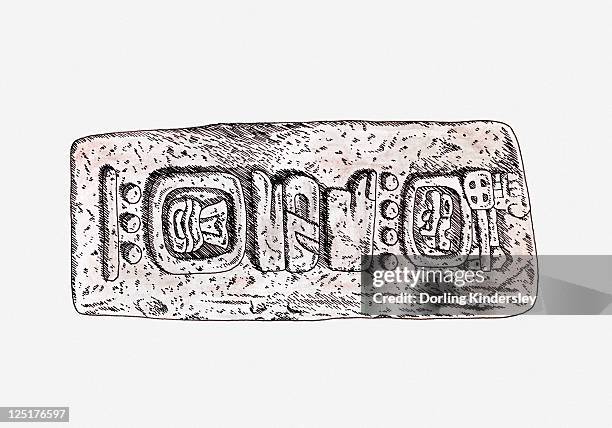 illustration of fragmented monolith with zapotec script, monte alban, mexico - monte alban stock illustrations
