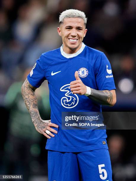 Enzo Fernandez of Chelsea FC reacts during the UEFA Champions League quarterfinal first leg football match between Real Madrid CF and Chelsea FC at...