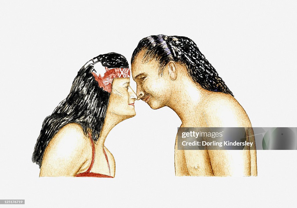 Illustration of Hawaiian couple kissing by touching noses