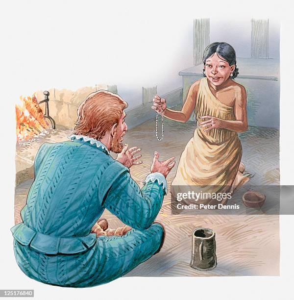 illustration of captain john smith and pocahontas talking - schlichtung stock-grafiken, -clipart, -cartoons und -symbole