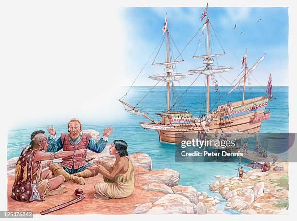 illustration of pocahontas and her father sitting and talking with captain john smith  - schlichtung stock-grafiken, -clipart, -cartoons und -symbole