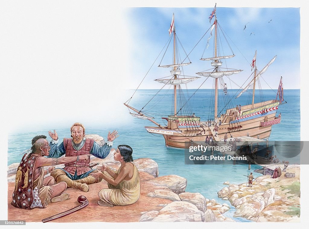 Illustration of Pocahontas and her father sitting and talking with Captain John Smith