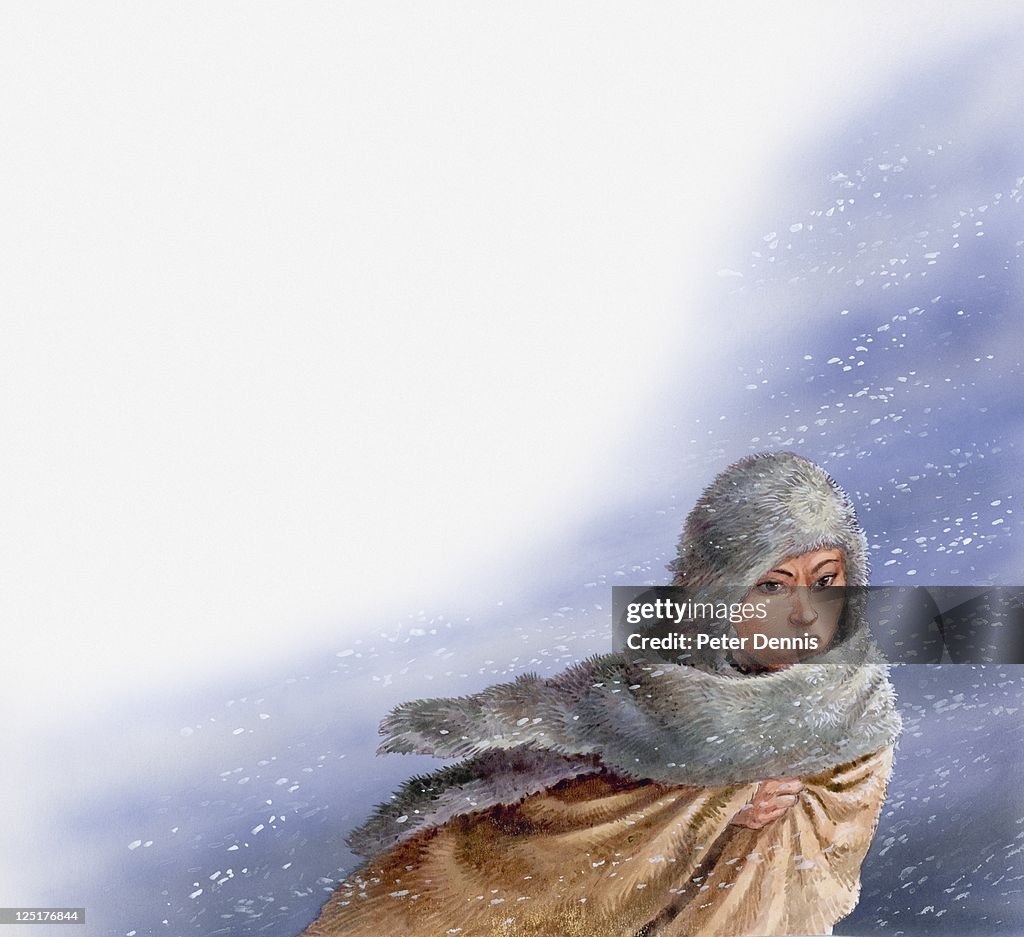 Illustration of Pocahontas in snow storm