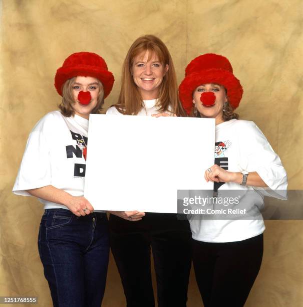 Daniela Denby-Ashe, Patsy Palmer and Lindsay Coulson pose for a portrait session for Comic Relief’s Red Nose Day telethon held on March 14, 1997.