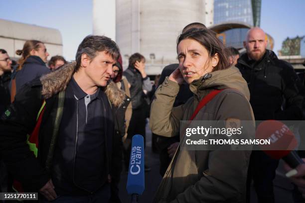 French General Confederation of Labour trade union General Secretary Sophie Binet answers journalists' questions in front of the waste incinerator of...