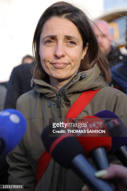 French General Confederation of Labour trade union General Secretary Sophie Binet answers journalists' questions in front of the waste incinerator of...