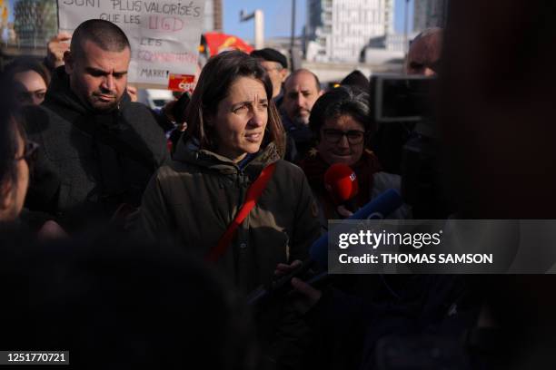 French General Confederation of Labour trade union General Secretary Sophie Binet answers journalists' questions in front of the waste incinerator of...